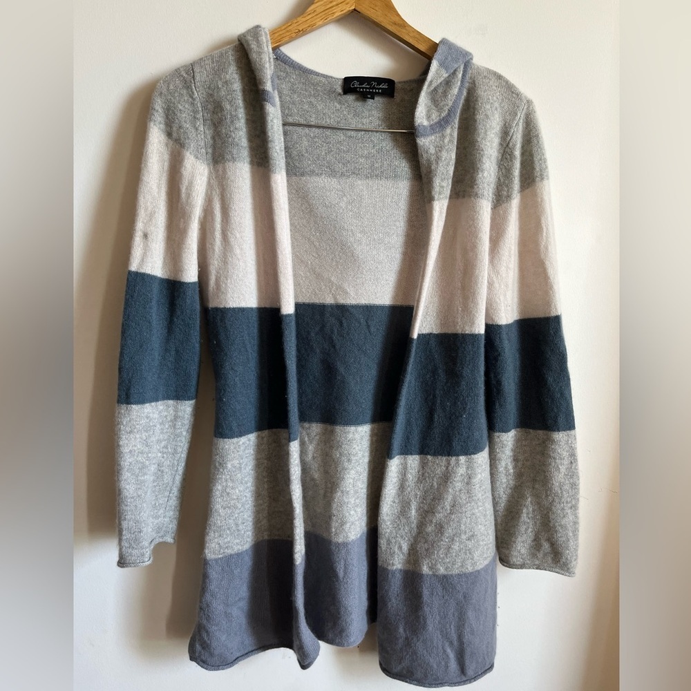 Claudia Nichole 100 % Cashmere Striped Hooded Sweater - Gray and Blue